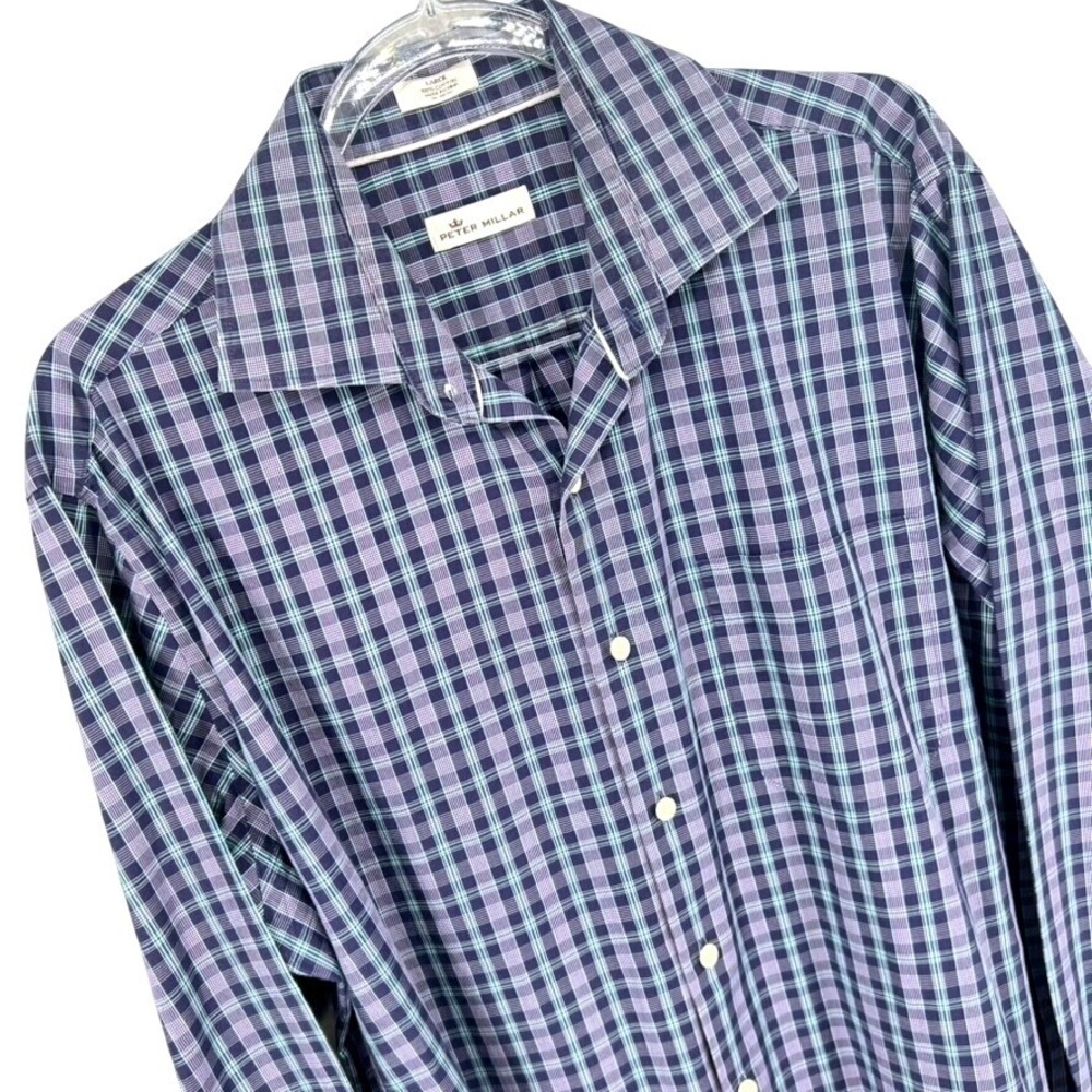 Peter Millar Nanoluxe Mens L Cotton Plaid Button Down Shirt Navy Purple Check